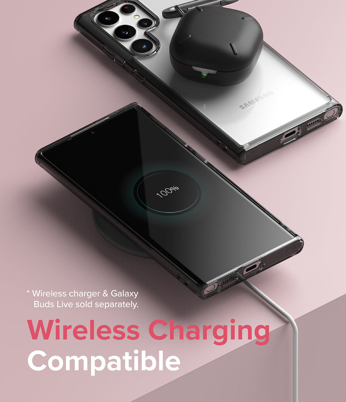 Galaxy S22 Ultra Case | Fusion - Clear phone case on a wireless charger with earbuds case, showing 100% battery charge.