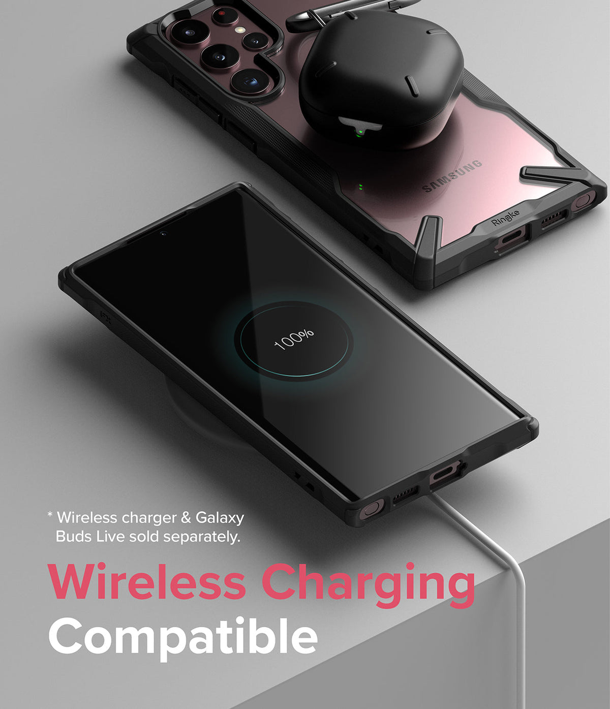 Galaxy S22 Ultra Case | Fusion-X - A phone in a protective case wirelessly charging earbuds on its back.
