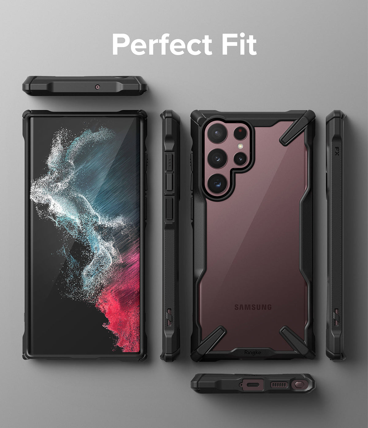 Galaxy S22 Ultra Case | Fusion-X - Multiple views of a black protective phone case on a Galaxy S22 Ultra.