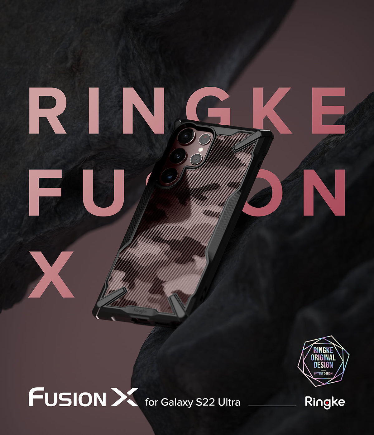 Galaxy S22 Ultra Case | Fusion-X - Camouflage pattern phone case with black frame floating between dark rock formations.