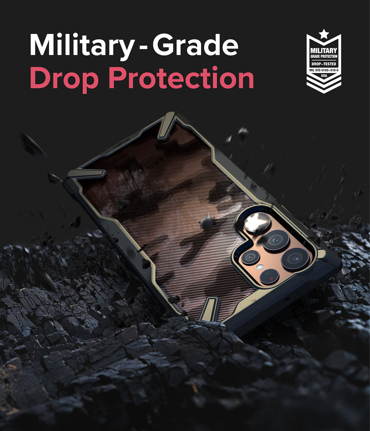Galaxy S22 Ultra Case | Fusion-X - Rugged phone case on dark, rocky debris with military-grade drop protection text and badge.