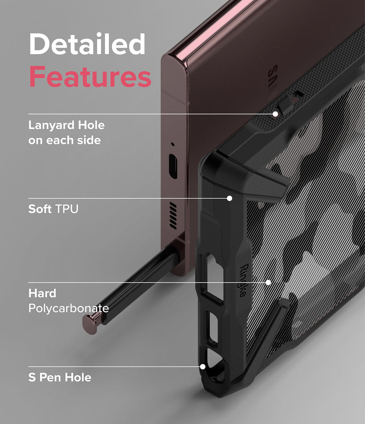 Galaxy S22 Ultra Case | Fusion-X - Labeled diagram showing phone case features: lanyard hole, soft TPU, hard polycarbonate, and S Pen hole.