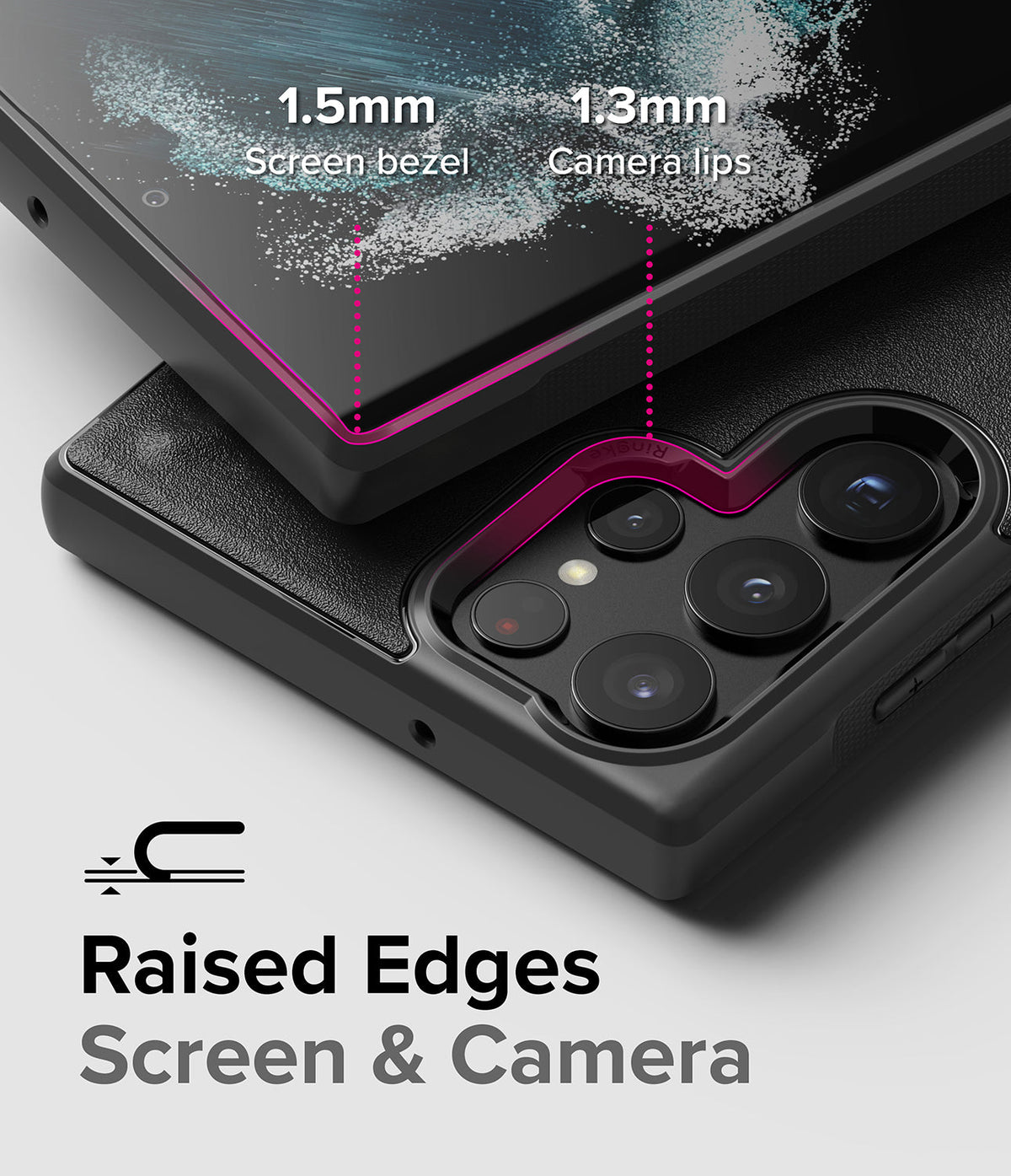 Galaxy S22 Ultra Case | Onyx - Close-up showing 1.5mm screen bezel and 1.3mm camera lip protection on a black phone case.