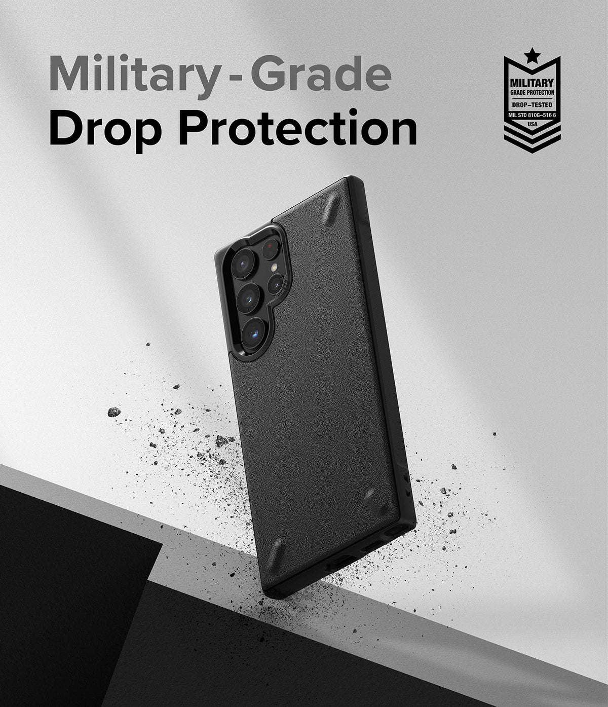 Galaxy S22 Ultra Case | Onyx - Black textured phone case floating with debris, featuring military-grade drop protection text.