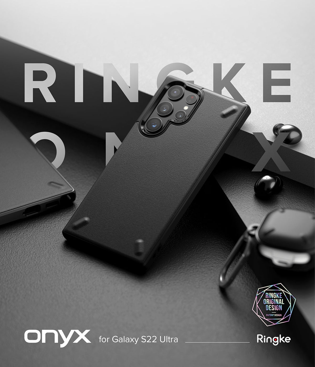 Galaxy S22 Ultra Case | Onyx - Black textured phone case for Galaxy S22 Ultra with camera cutouts on a dark surface.