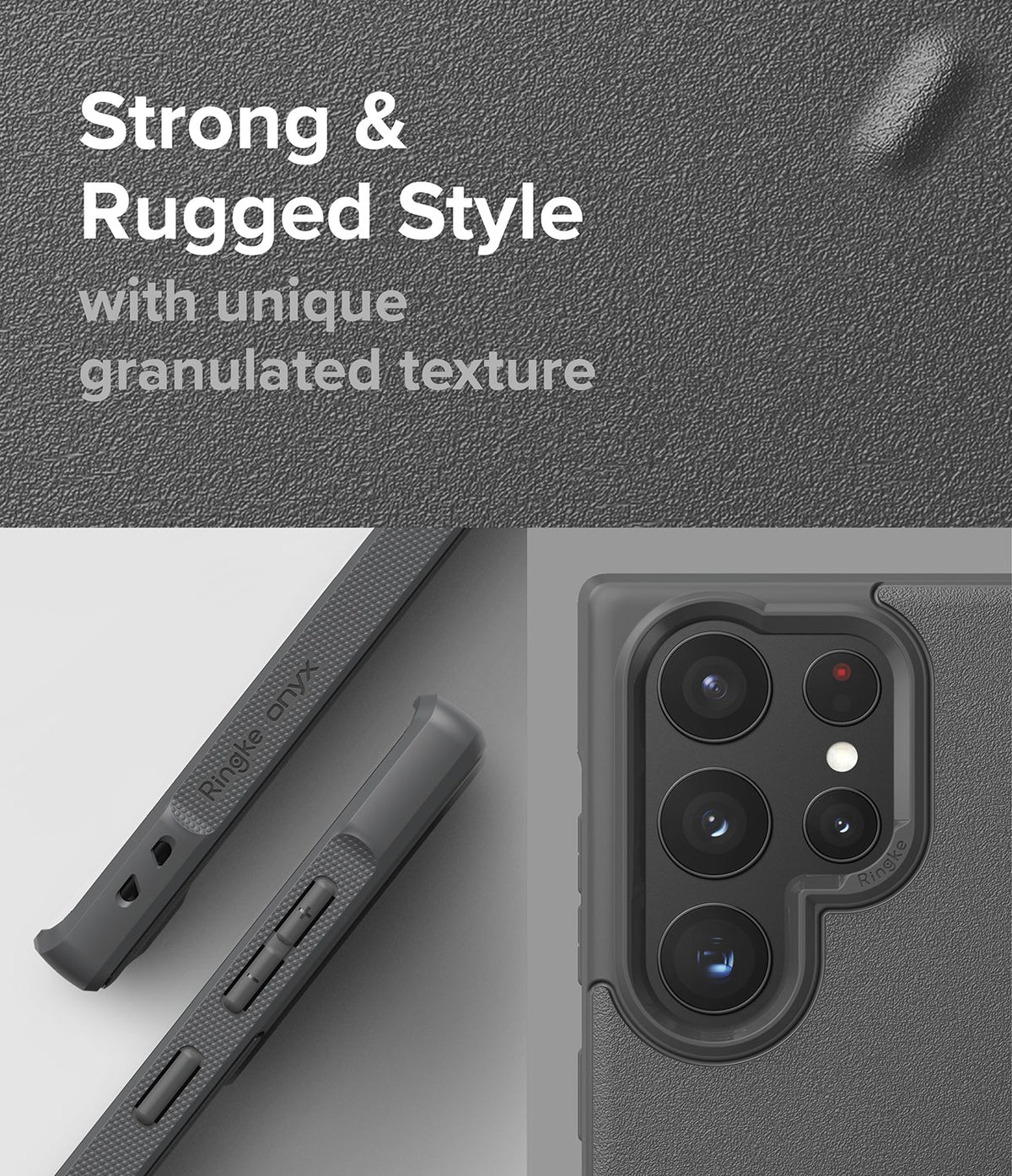 Galaxy S22 Ultra Case | Onyx - Close-up of a dark gray phone case with a granulated texture and camera lens cutouts.