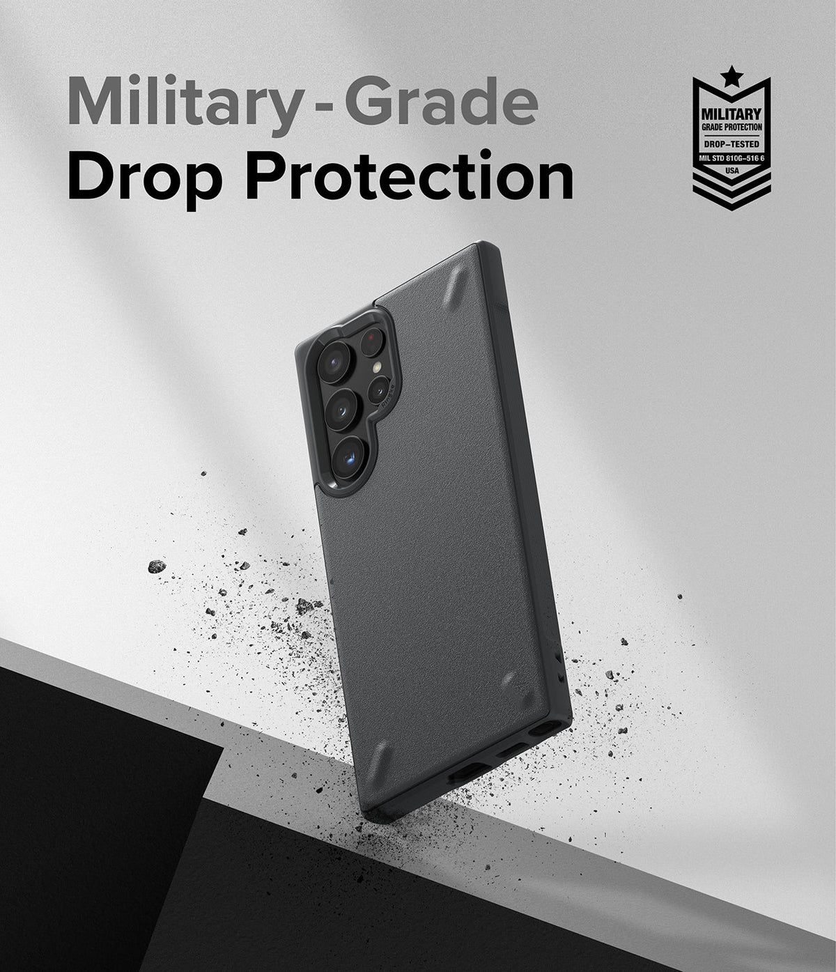 Galaxy S22 Ultra Case | Onyx - Black phone case with military-grade drop protection badge against a textured gray background.