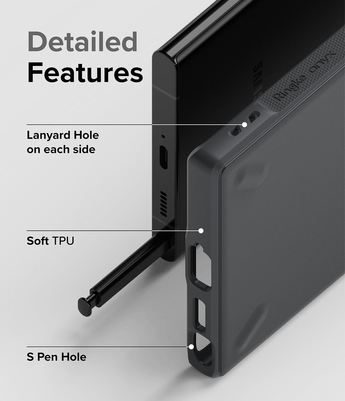 Galaxy S22 Ultra Case | Onyx - Close-up of black phone case highlighting lanyard holes, soft TPU material, and S Pen access.