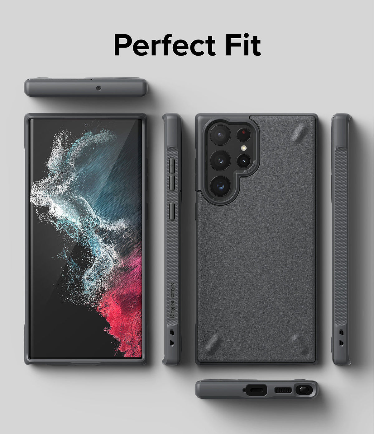 Galaxy S22 Ultra Case | Onyx - Multiple views of a dark gray phone case showing precise cutouts and textured back.