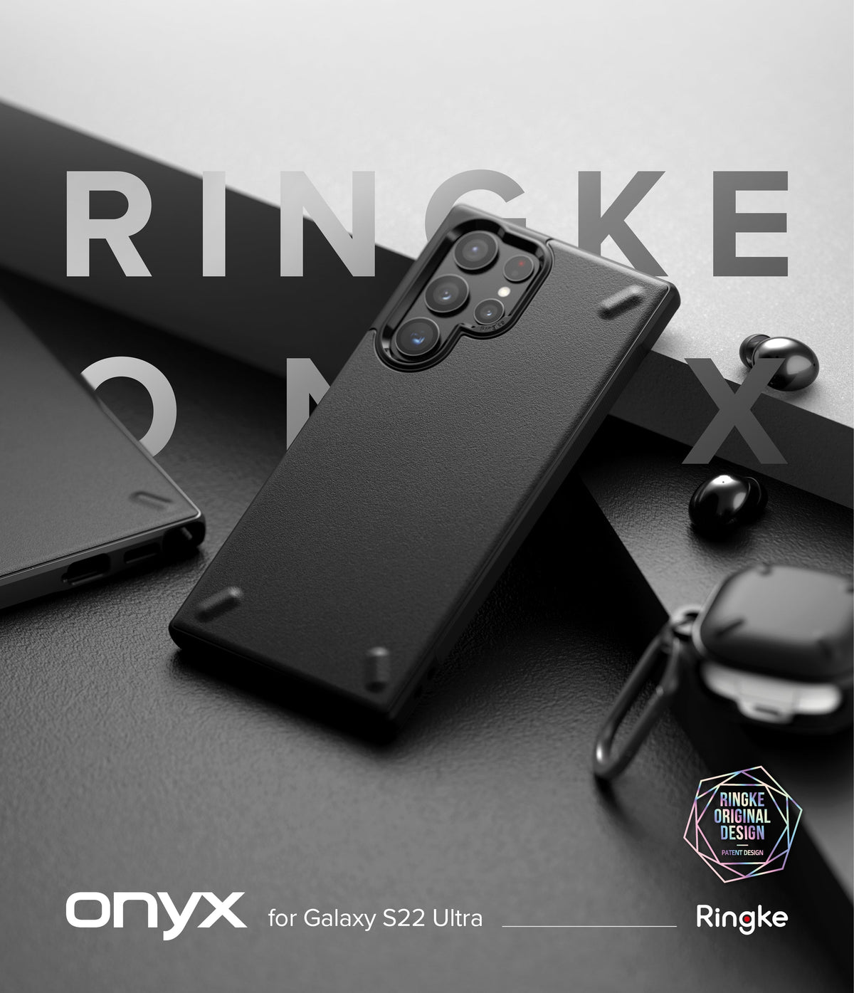 Galaxy S22 Ultra Case | Onyx - Matte black phone case on a Galaxy S22 Ultra, set against a dark, minimalist background.