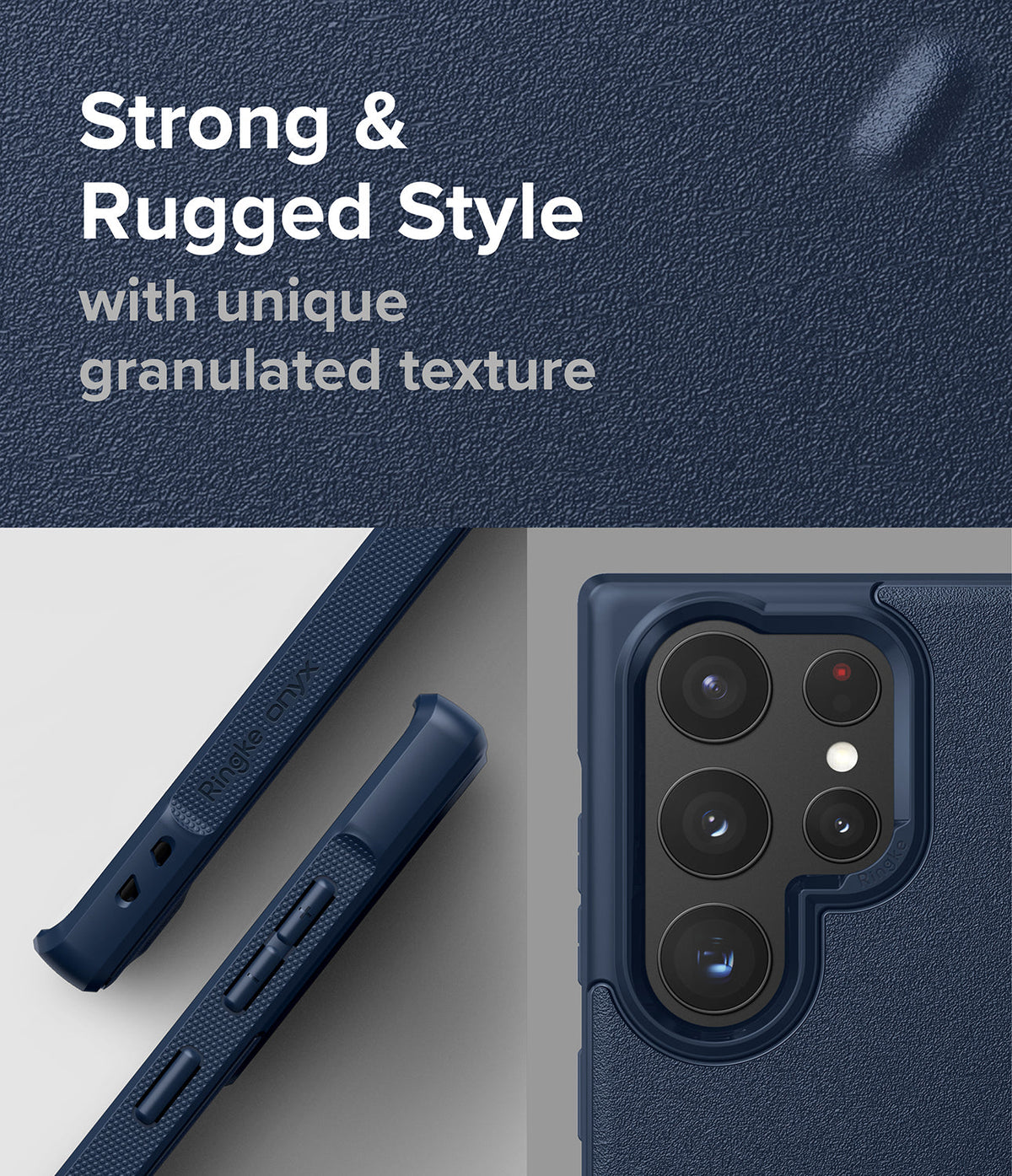 Galaxy S22 Ultra Case | Onyx - Navy blue phone case with granulated texture, side buttons, and camera cutout details.