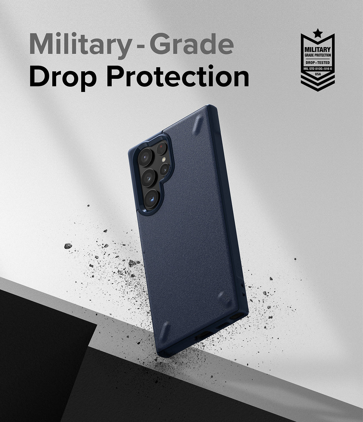 Galaxy S22 Ultra Case | Onyx - Navy blue phone case floating above a surface with debris and military-grade protection text.