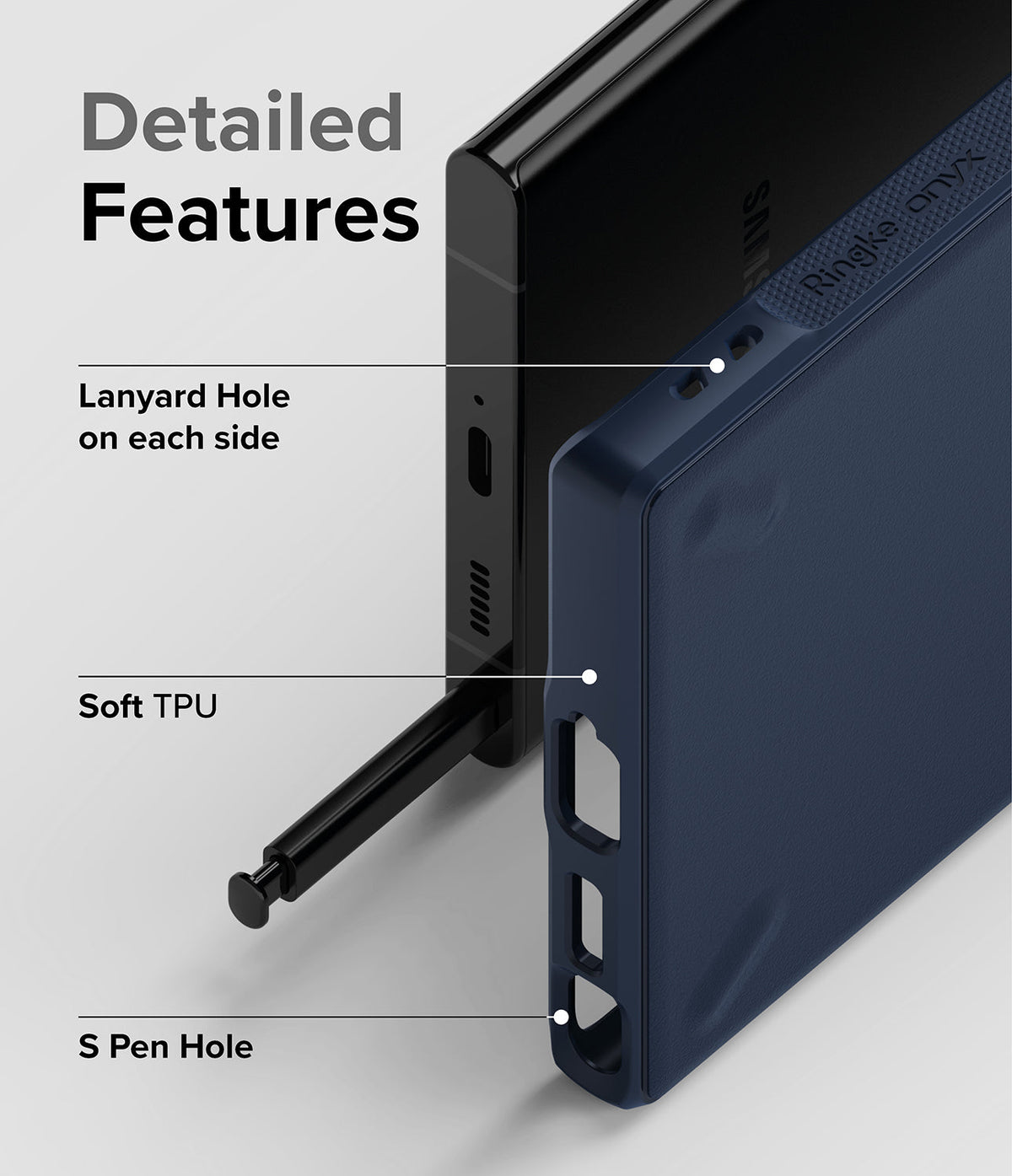 Galaxy S22 Ultra Case | Onyx - Diagram highlighting lanyard holes, soft TPU material, and S Pen access on a navy phone case.