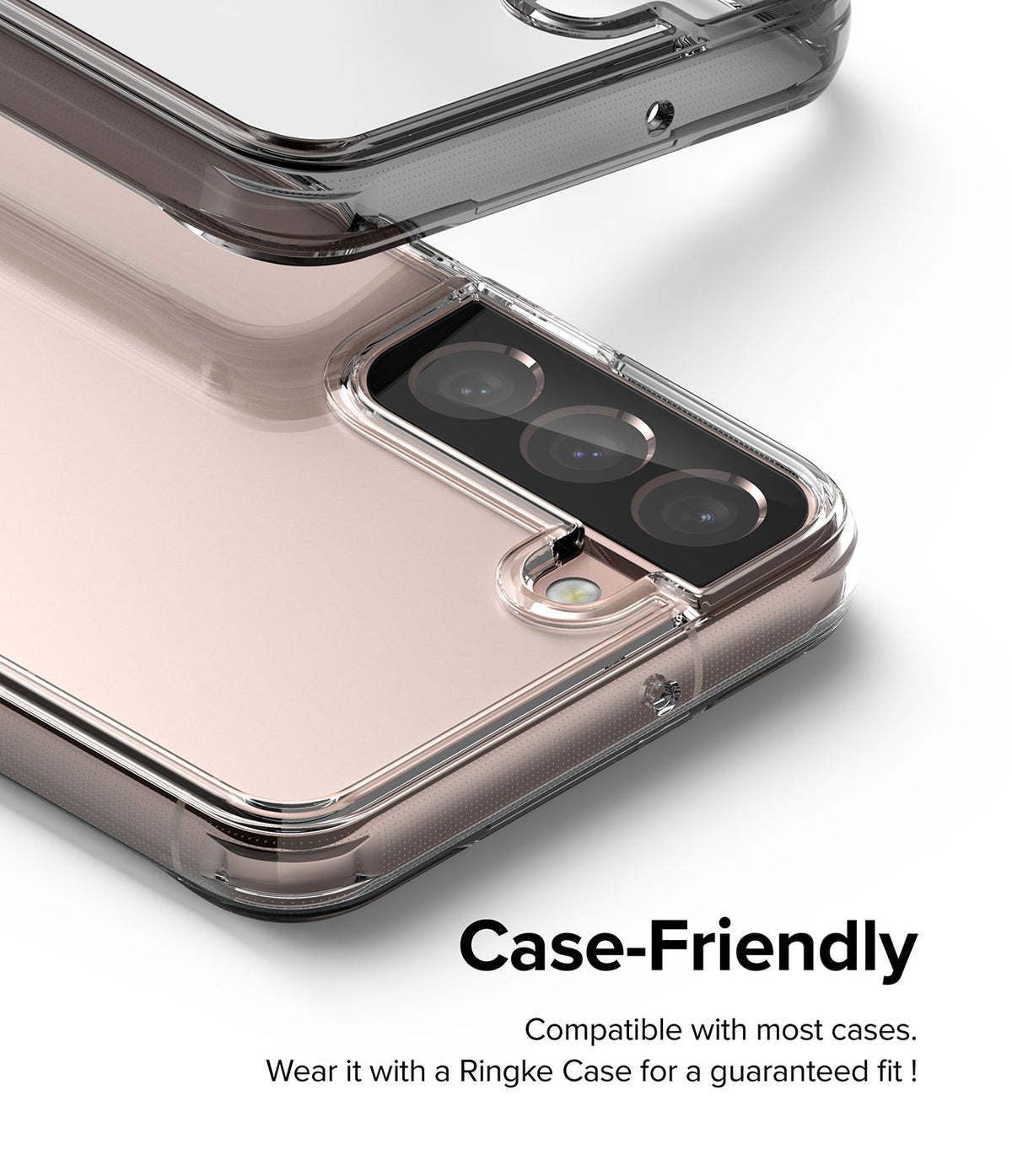 Galaxy S22 Plus Case Combo | Fusion Case + Screen Protector + Camera Protector - Galaxy S22 Plus Case Combo - Clear phone case with camera lens protector installed on a rose gold smartphone.