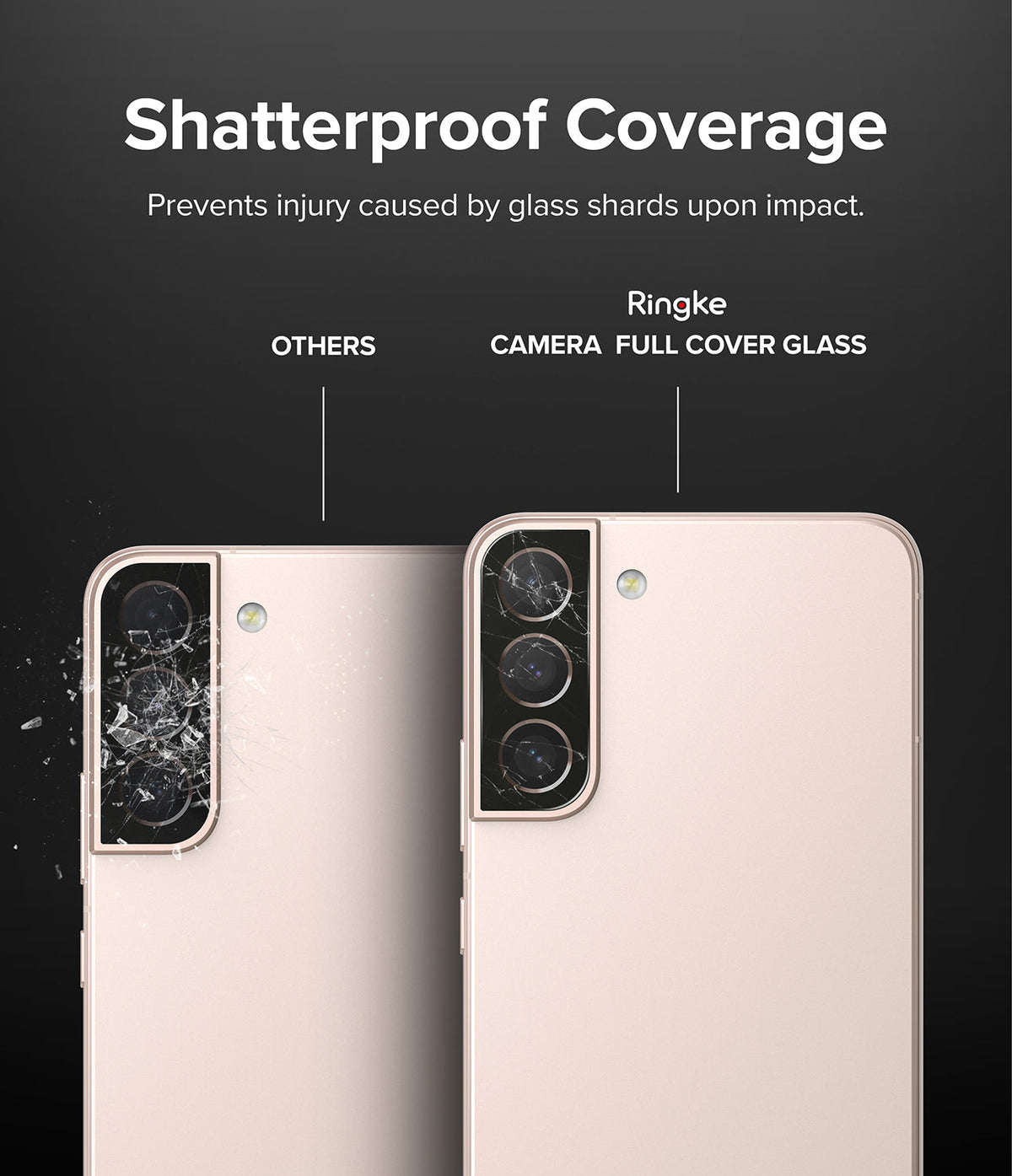 Galaxy S22 Plus Case Combo | Fusion Case + Screen Protector + Camera Protector - Galaxy S22 Plus Case Combo - Comparison showing shattered standard camera glass versus intact Ringke protective glass.