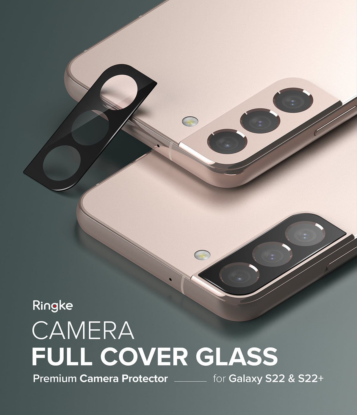 Galaxy S22 Plus Case Combo | Fusion Case + Screen Protector + Camera Protector - Galaxy S22 Plus Case Combo - Two rose gold phones with a black glass camera lens protector being applied to the rear.