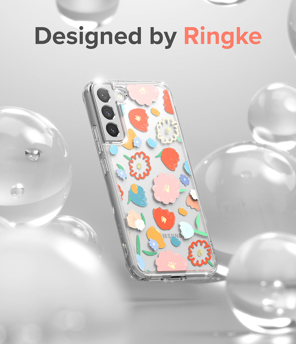 Galaxy S22 Plus Case | Fusion Design - Clear phone case with colorful floral patterns surrounded by floating glass orbs.