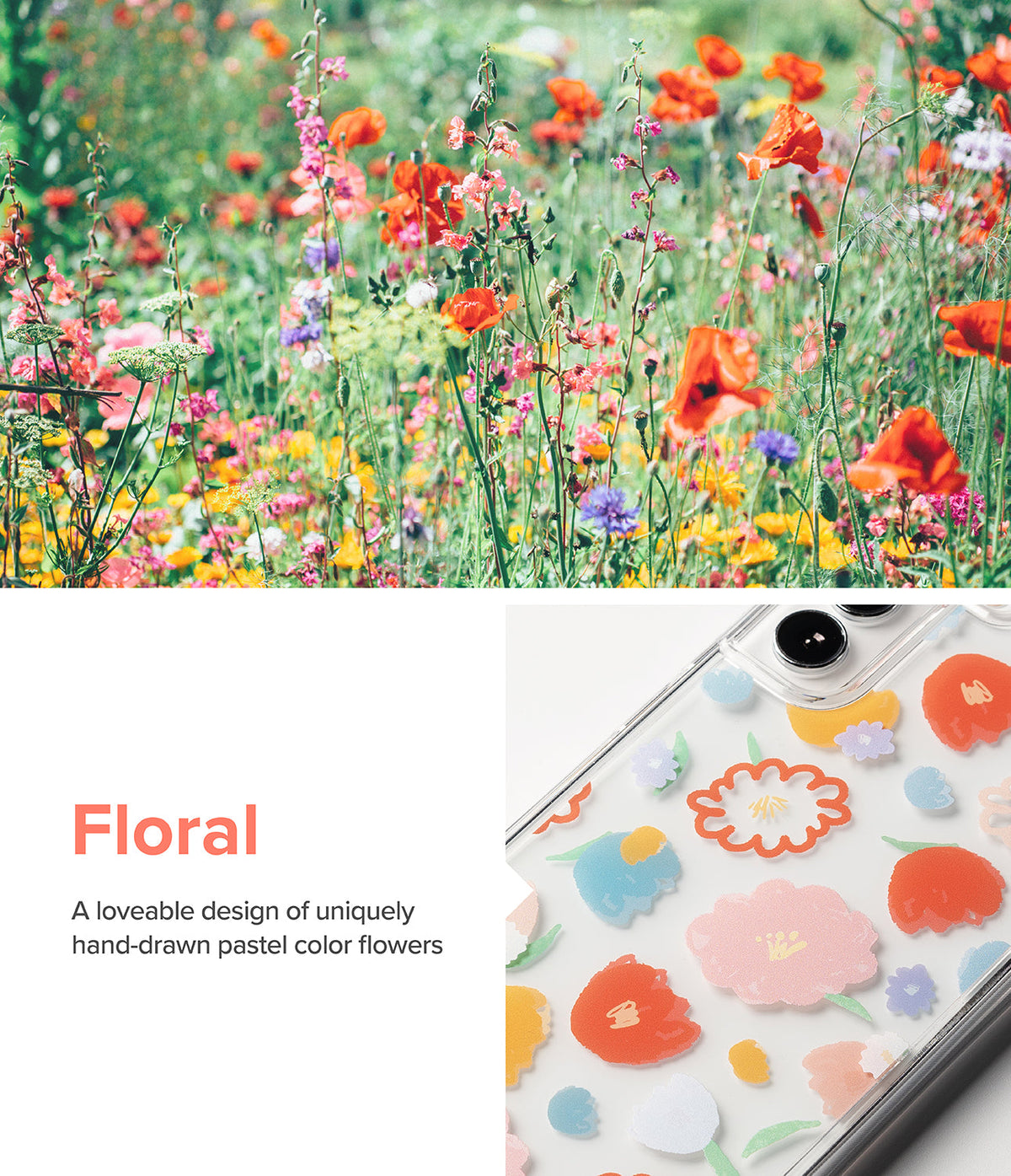 Galaxy S22 Case | Fusion Design - Clear phone case featuring hand-drawn pastel floral patterns against a field of poppies.