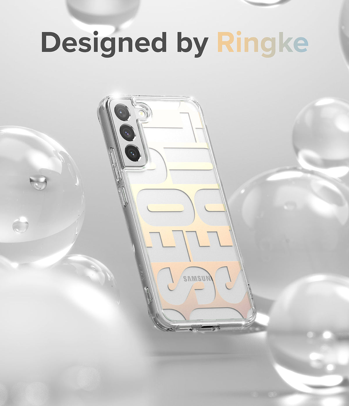 Galaxy S22 Case | Fusion Design - Clear phone case with SEOUL typography surrounded by floating glass spheres.