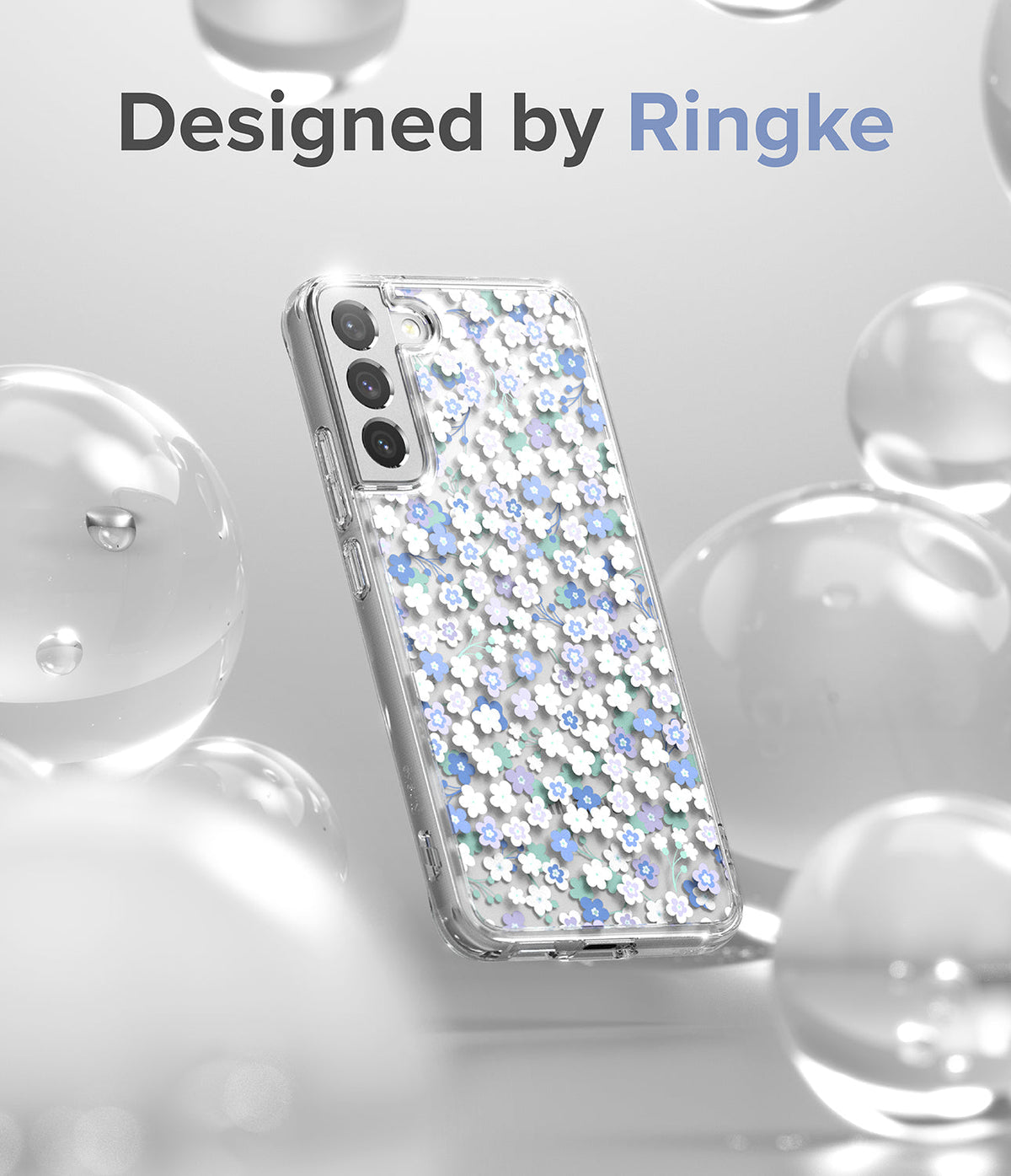 Galaxy S22 Plus Case | Fusion Design - Clear phone case with blue and white floral pattern among floating bubbles.