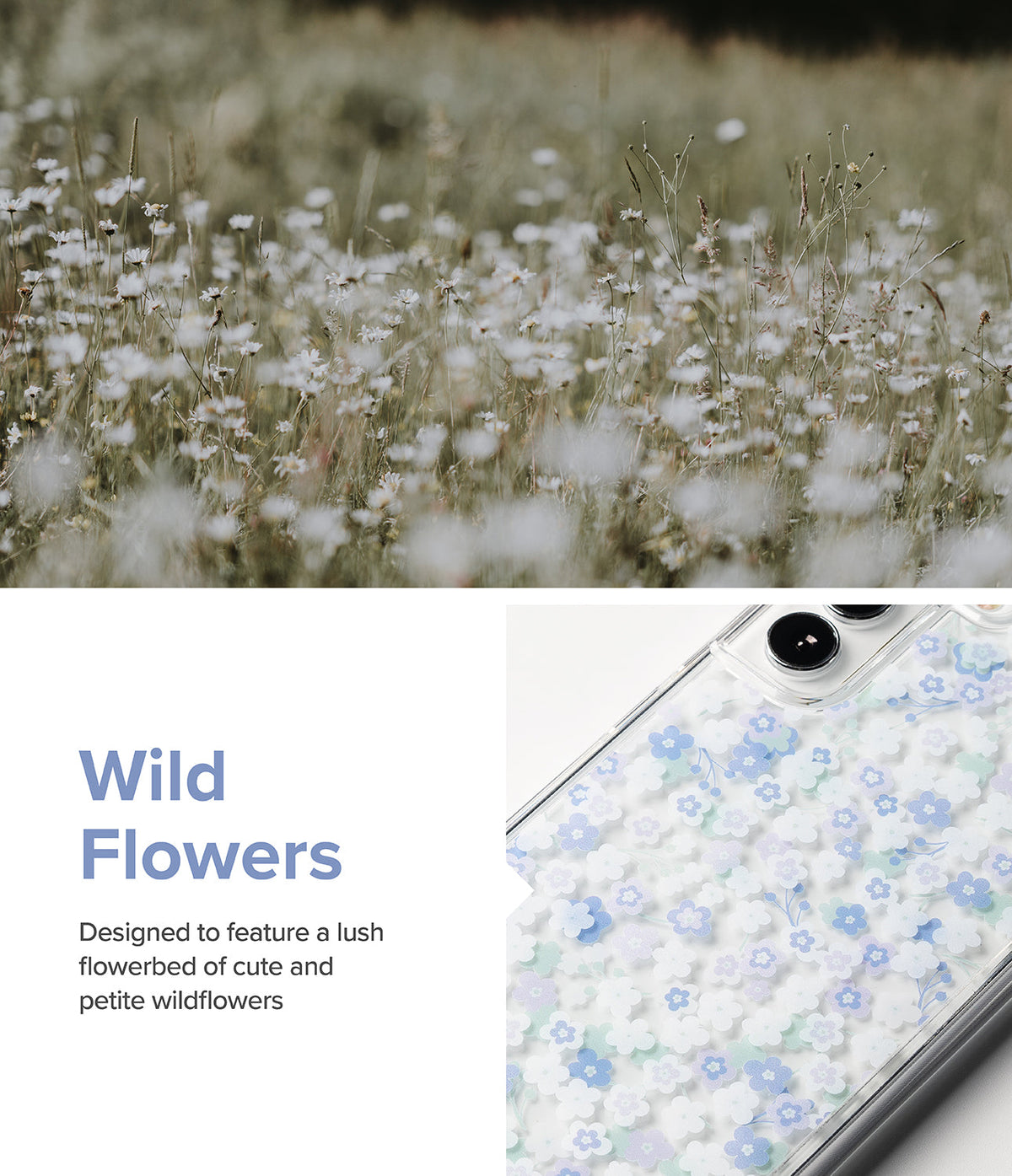Galaxy S22 Case | Fusion Design - Clear phone case with a blue and white wildflower pattern next to a field of daisies.