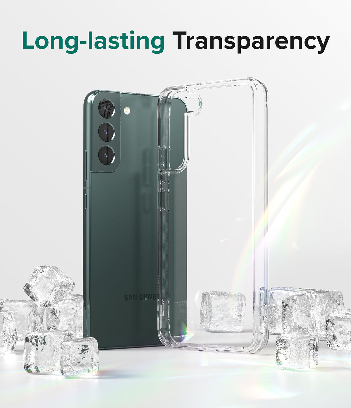 Galaxy S22 Case | Fusion - Dark green smartphone beside a clear protective case surrounded by ice cubes.