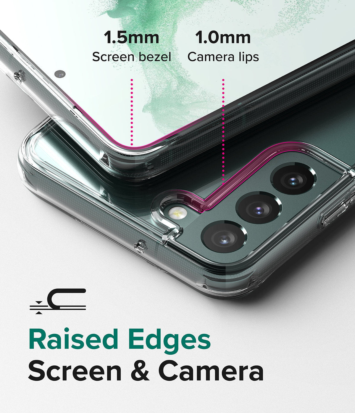 Galaxy S22 Plus Case Combo | Fusion Case + Screen Protector + Camera Protector - Galaxy S22 Plus Case Combo - Close-up of clear phone case showing 1.5mm screen bezel and 1.0mm raised camera lips.