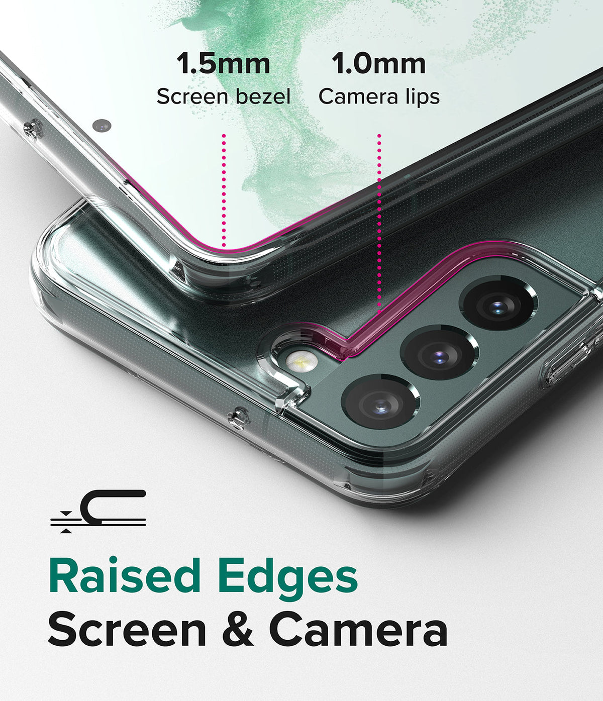 Galaxy S22 Case | Fusion - Close-up of phone case showing 1.5mm screen bezel and 1.0mm camera lips with raised edge protection.