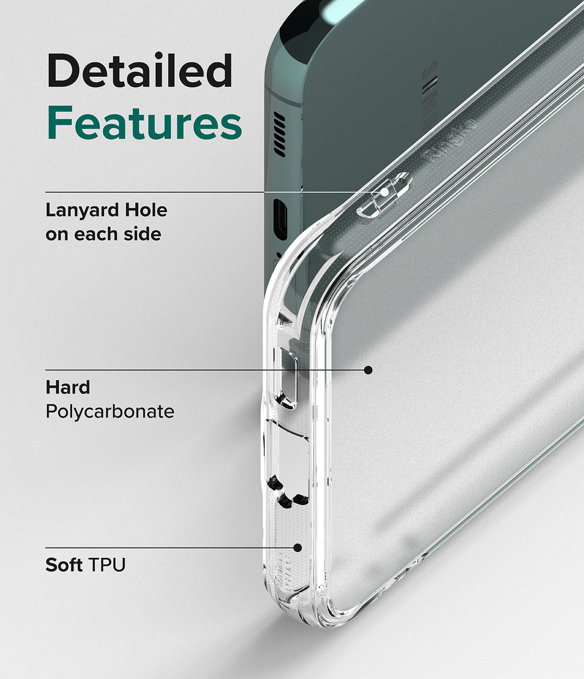 Galaxy S22 Case | Fusion - Diagram highlighting lanyard holes, hard polycarbonate back, and soft TPU frame features.