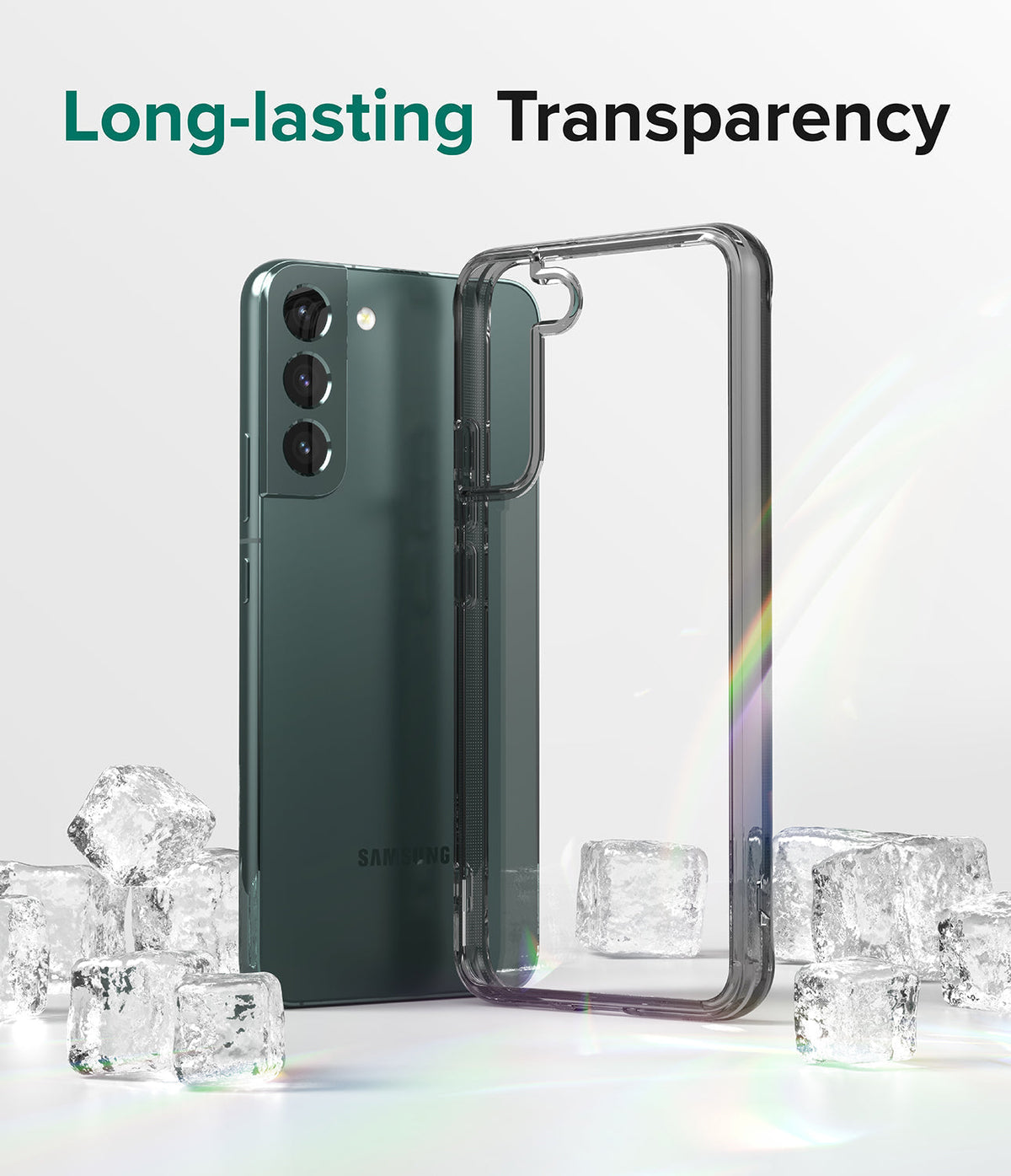 Galaxy S22 Plus Case Combo | Fusion Case + Screen Protector + Camera Protector - Galaxy S22 Plus Case Combo - Green smartphone next to a clear protective case surrounded by ice cubes.