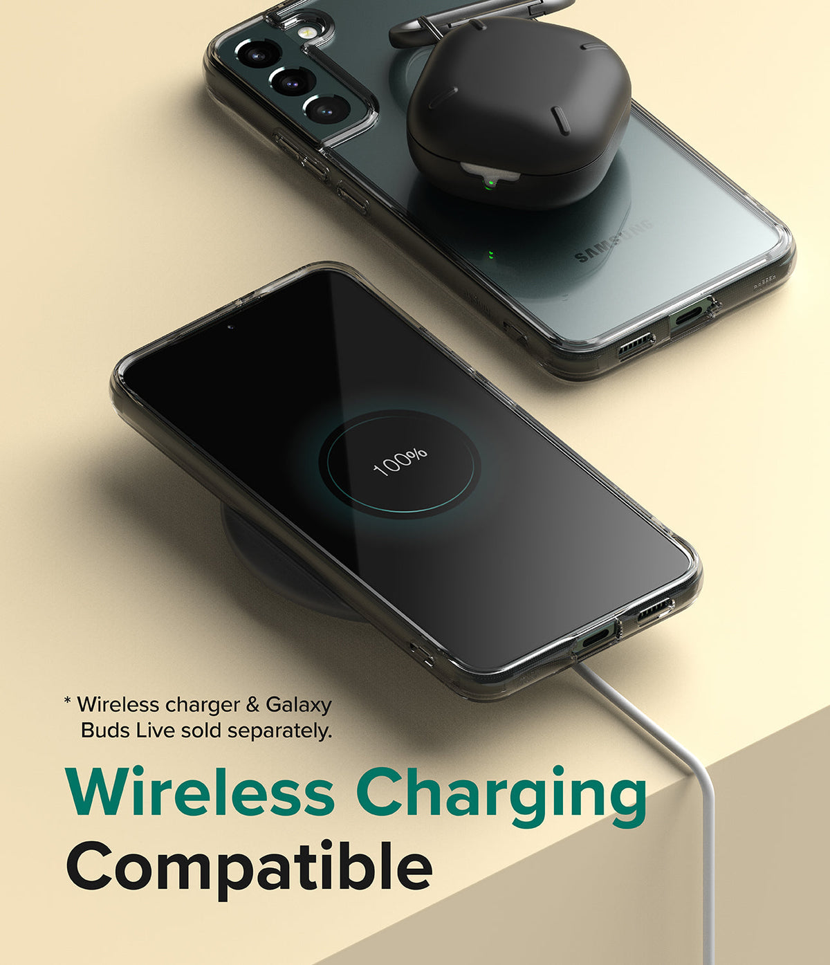 Galaxy S22 Plus Case | Fusion - A clear phone case on a Galaxy S22 Plus charging wirelessly with earbuds on top.