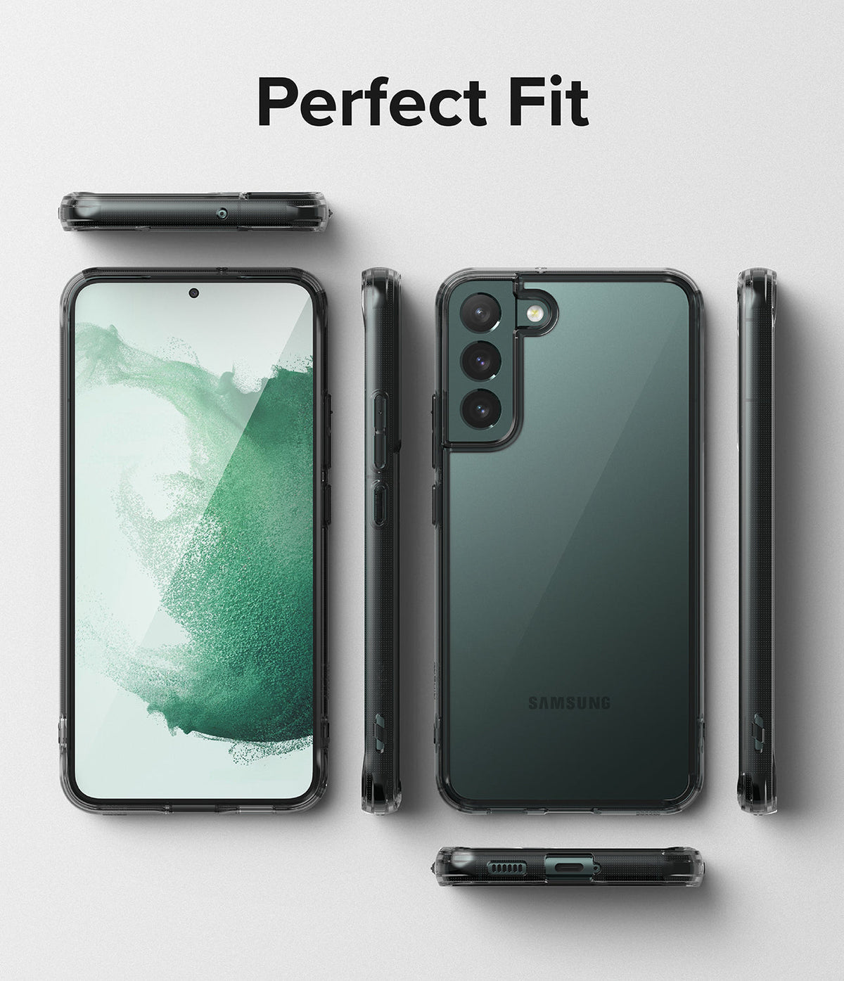 Galaxy S22 Plus Case Combo | Fusion Case + Screen Protector + Camera Protector - Galaxy S22 Plus Case Combo - Clear phone case shown from multiple angles on a phone with a green screen and back.