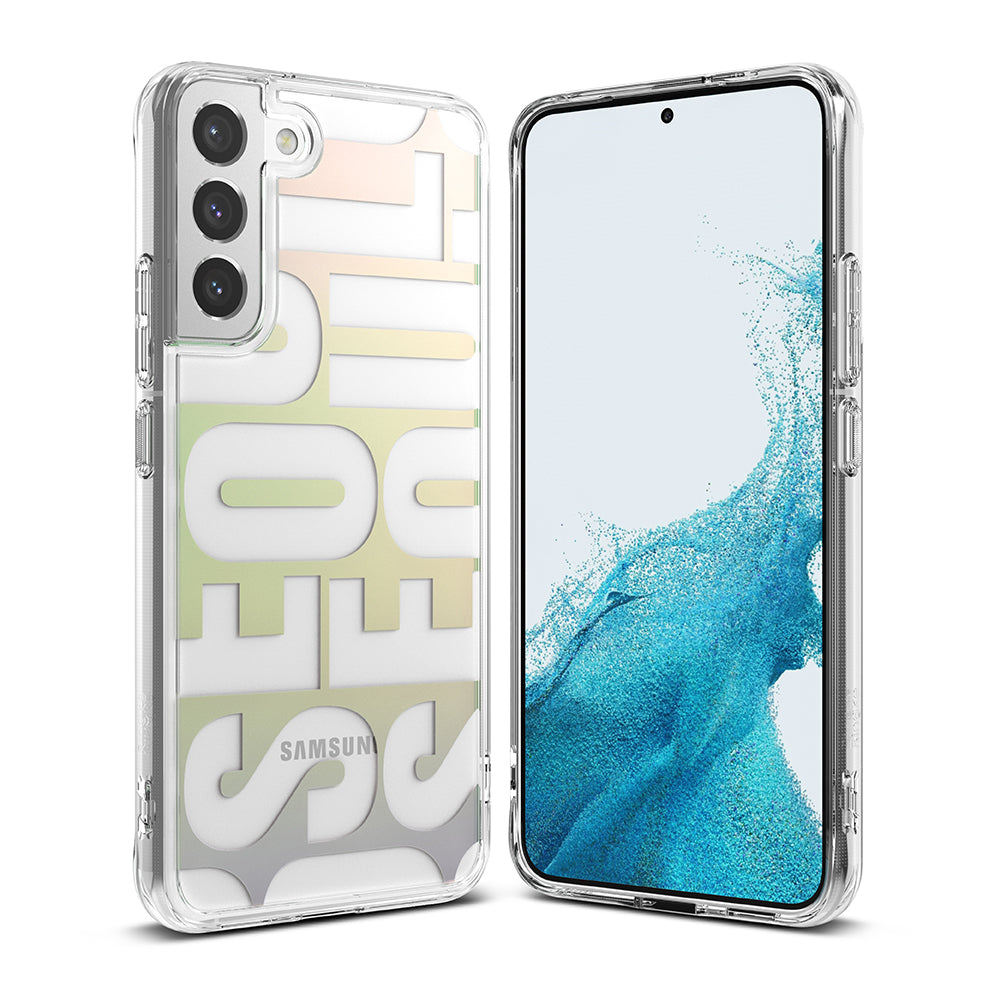 Galaxy S22 Plus Case | Fusion Design - Clear phone case with Seoul typography on the back and a blue abstract screen.