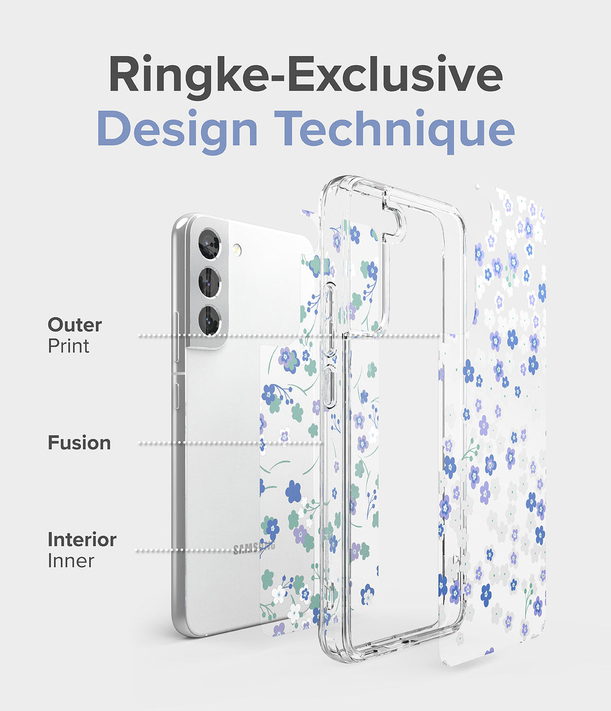 Galaxy S22 Plus Case | Fusion Design - Exploded view of a floral phone case showing outer, fusion, and inner print layers.