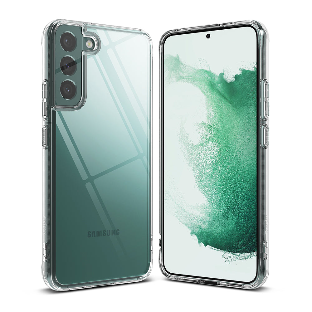 Galaxy S22 Plus Case | Fusion - Clear protective case on a green Samsung Galaxy S22 Plus, showing front and back views.