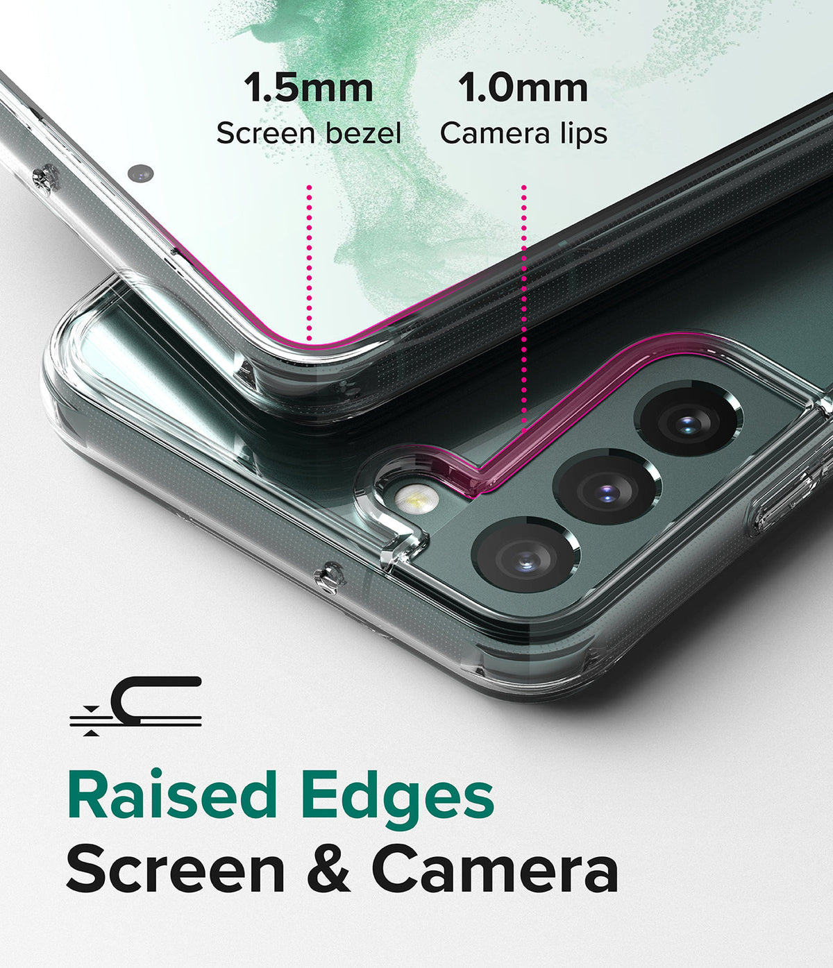 Galaxy S22 Plus Case | Fusion - Clear case showing 1.5mm screen bezel and 1.0mm camera lip protection for Galaxy S22 Plus.