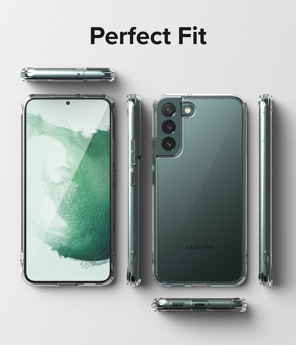 Galaxy S22 Plus Case Combo | Fusion Case + Screen Protector + Camera Protector - Galaxy S22 Plus Case Combo - Clear protective case shown from front, back, and side angles on a light gray background.