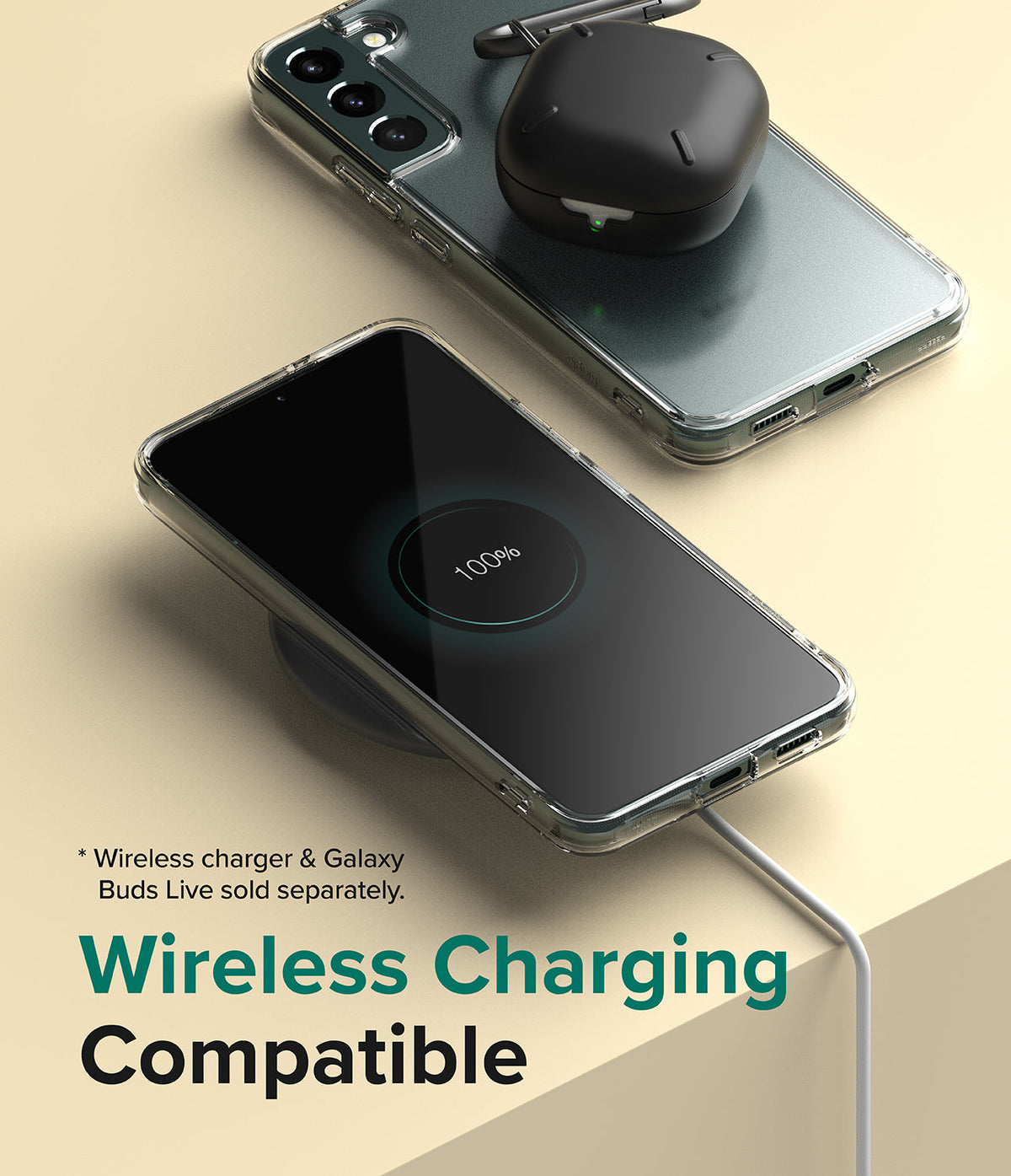 Galaxy S22 Plus Case Combo | Fusion Case + Screen Protector + Camera Protector - Galaxy S22 Plus Case Combo - Clear phone case on a wireless charger showing 100% charge with earbuds resting on the back.
