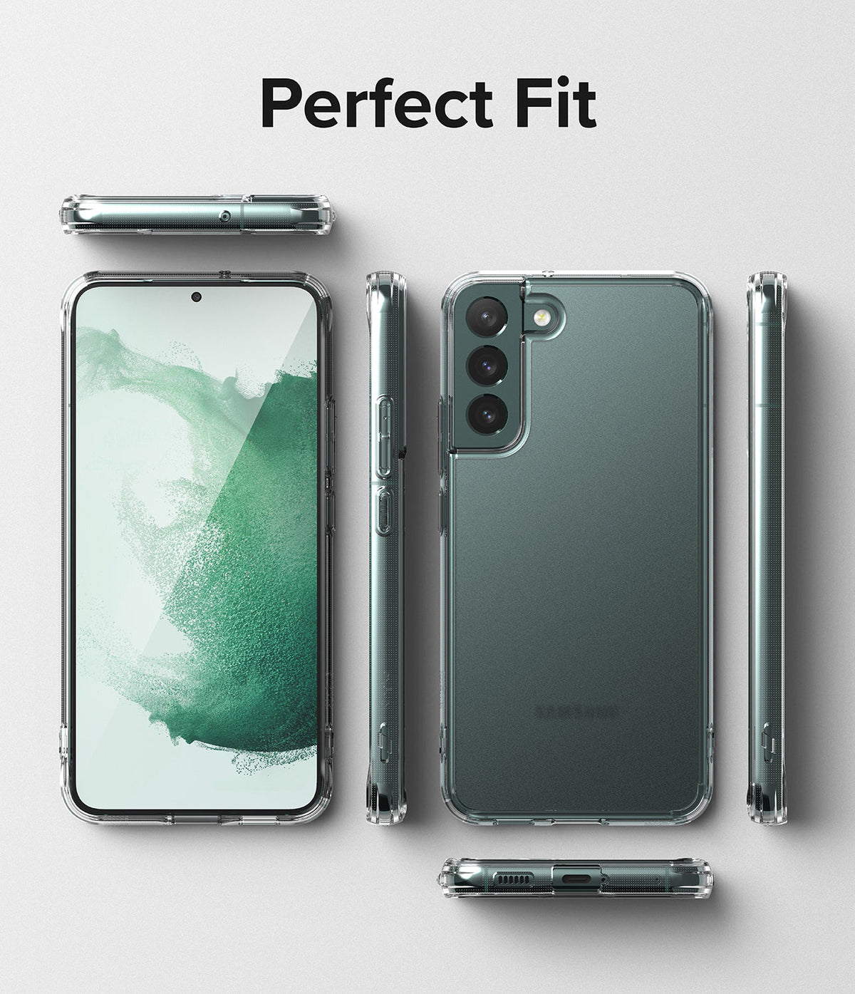 Galaxy S22 Plus Case Combo | Fusion Case + Screen Protector + Camera Protector - Galaxy S22 Plus Case Combo - Clear protective case shown from multiple angles on a green phone with "Perfect Fit" text.