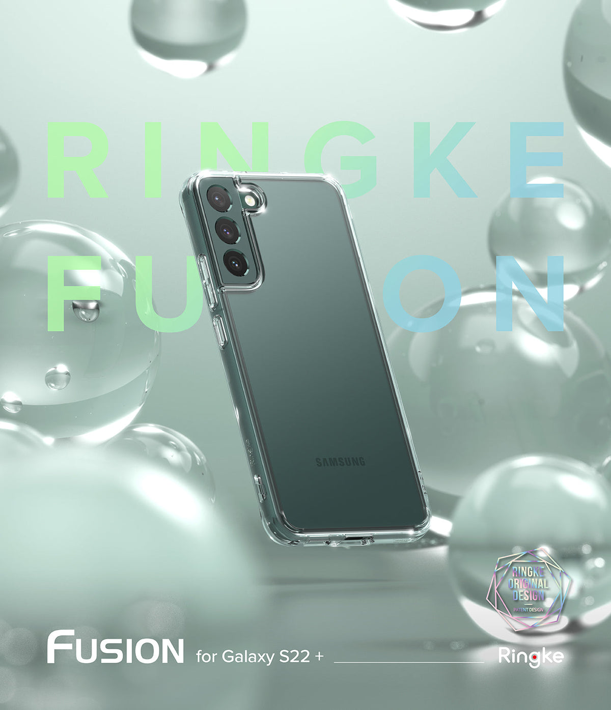 Galaxy S22 Plus Case | Fusion - Clear phone case on a green background with floating glass spheres and Ringke branding.