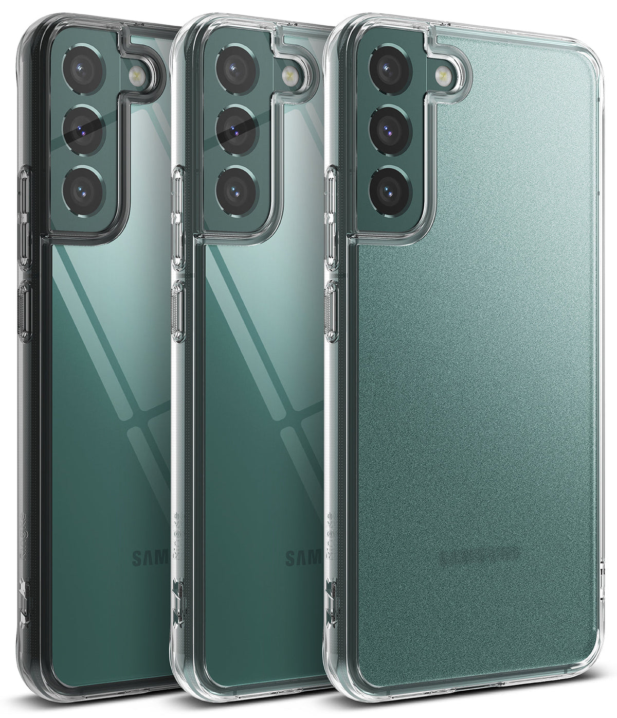 Galaxy S22 Plus Case | Fusion - Three green smartphones in clear protective cases shown from the back.