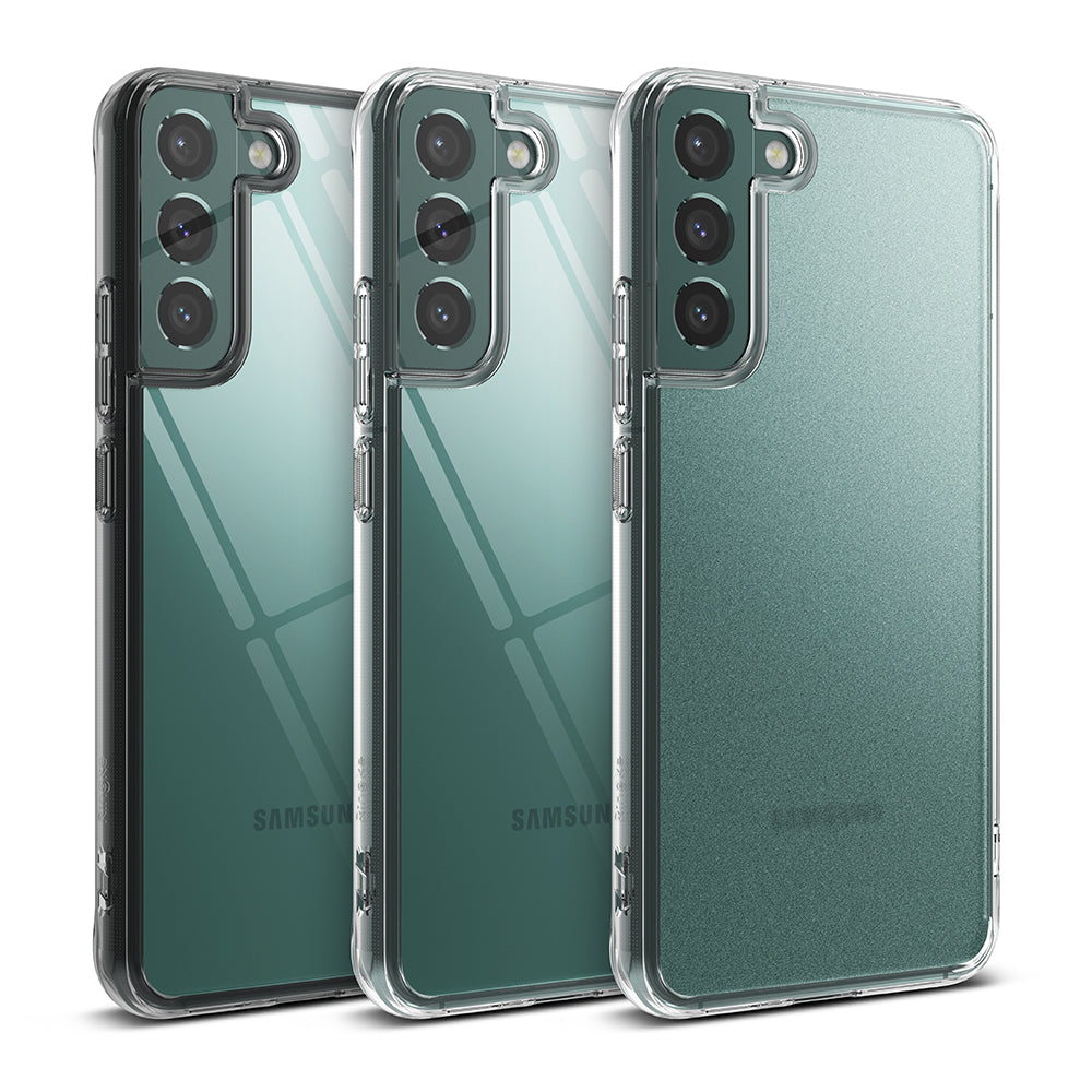 Galaxy S22 Case | Fusion - Three clear Galaxy S22 phone cases with green backs arranged in a row against a white background.