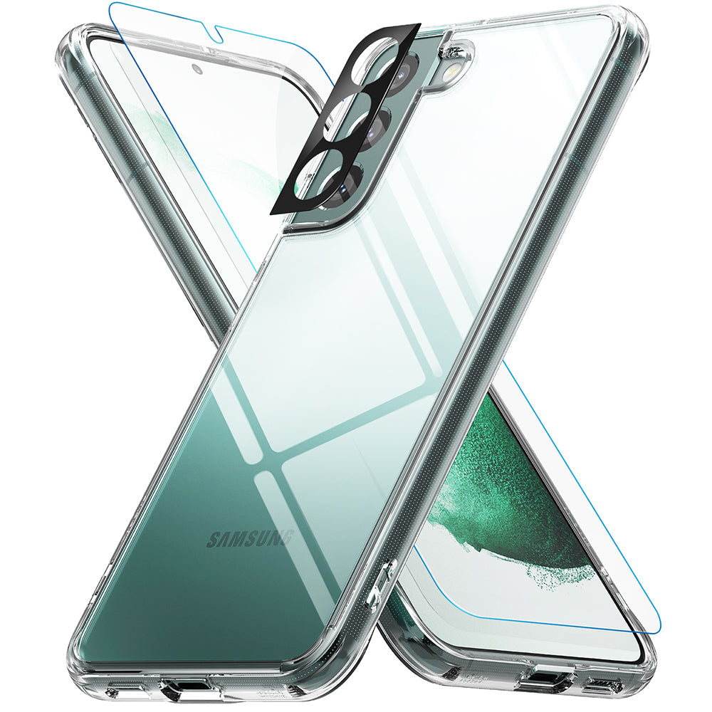 Galaxy S22 Plus Case Combo | Fusion Case + Screen Protector + Camera Protector - Galaxy S22 Plus Case Combo - Clear phone case, screen protector, and black camera lens cover floating around a smartphone.