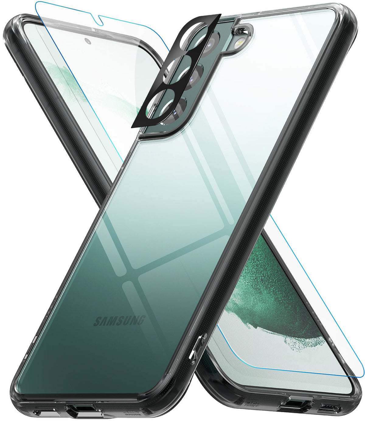 Galaxy S22 Plus Case Combo | Fusion Case + Screen Protector + Camera Protector - Galaxy S22 Plus Case Combo - Clear phone case, screen protector, and black camera lens cover floating around a green phone.