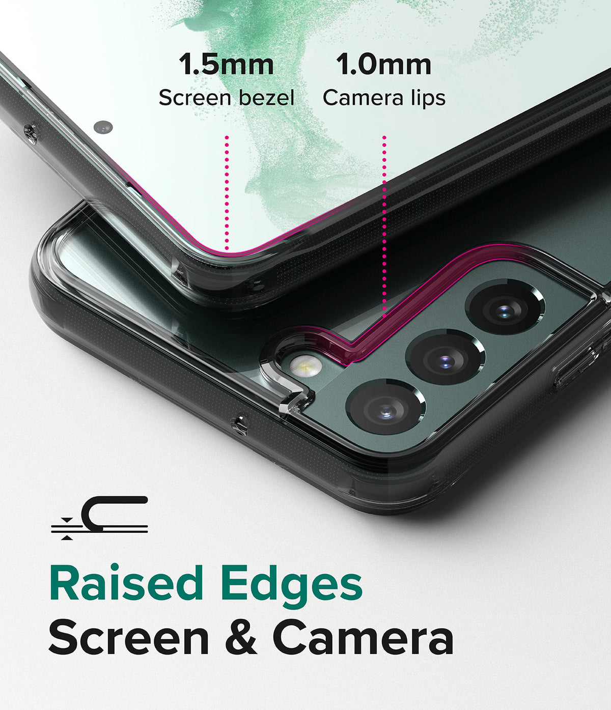 Galaxy S22 Plus Case Combo | Fusion Case + Screen Protector + Camera Protector - Galaxy S22 Plus Case Combo - Close-up of phone case showing 1.5mm screen bezel and 1.0mm camera lips for raised protection.