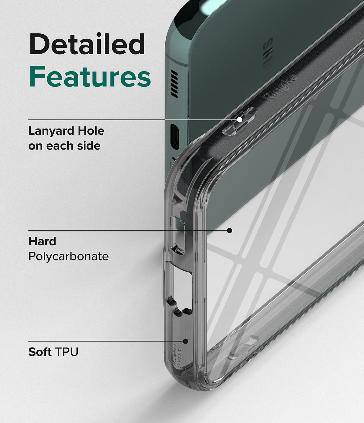 Galaxy S22 Plus Case Combo | Fusion Case + Screen Protector + Camera Protector - Galaxy S22 Plus Case Combo - Labeled diagram showing a clear phone case with lanyard holes, polycarbonate back, and TPU sides.