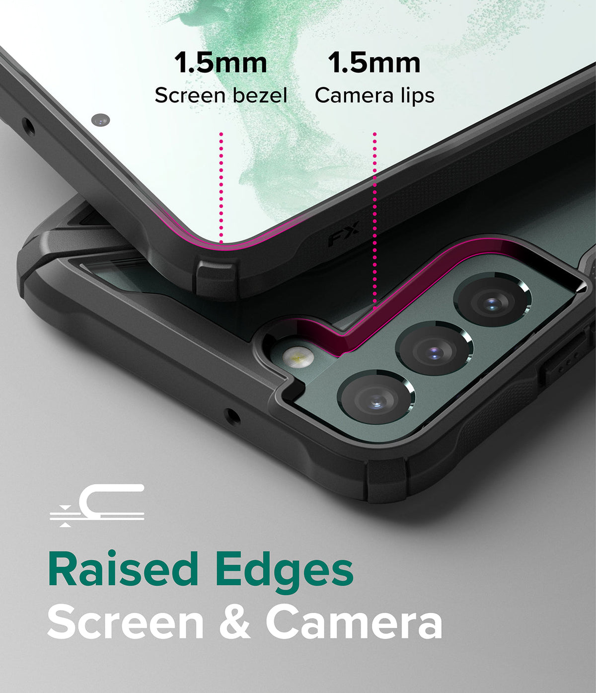 Galaxy S22 Plus Case Combo | Fusion-X Case + Screen Protector + Camera Protector - Galaxy S22 Plus Case Combo - Close-up of phone case showing 1.5mm raised screen bezel and camera lips for protection.