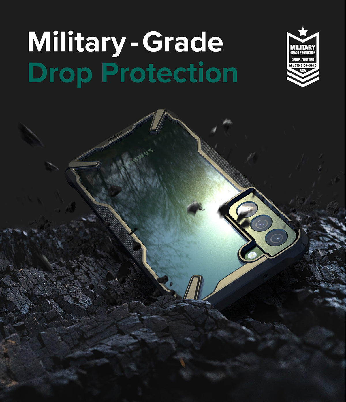 Galaxy S22 Plus Case Combo | Fusion-X Case + Screen Protector + Camera Protector - Galaxy S22 Plus Case Combo - Galaxy S22 Plus in a rugged black and gold case resting on dark, shattered debris.