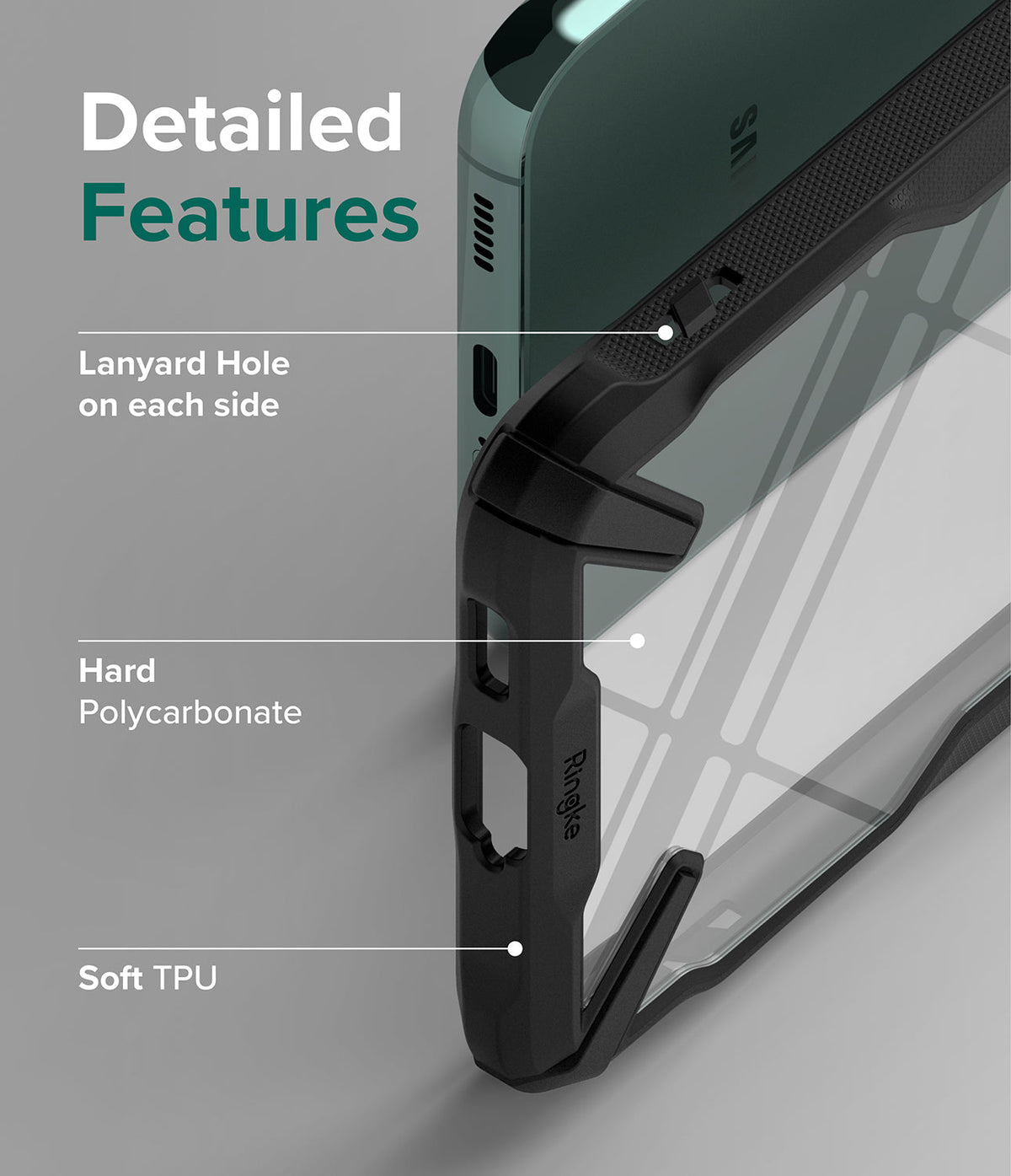 Galaxy S22 Plus Case Combo | Fusion-X Case + Screen Protector + Camera Protector - Galaxy S22 Plus Case Combo - Close-up of phone case showing lanyard holes, hard polycarbonate back, and soft TPU bumper.