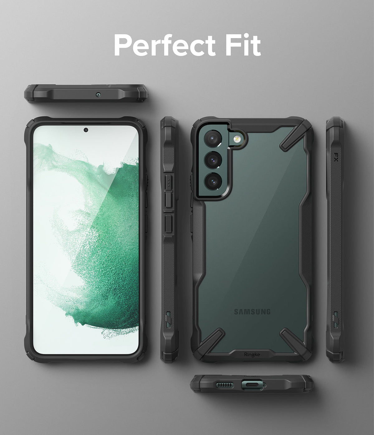 Galaxy S22 Plus Case Combo | Fusion-X Case + Screen Protector + Camera Protector - Galaxy S22 Plus Case Combo - Multiple views of a black rugged phone case with a clear back on a Samsung Galaxy S22 Plus.